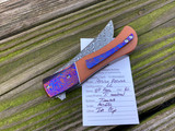Jason Clark Custom Knives "Persian Recurve" Flipper Anodized Titanium Frame, Red Micarta Scale Body w/ Timascus Bolster and Vegas Forge "Roses" Damascus Plain Edge Blade (3.25")