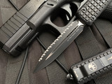 Microtech Ultratech D/E Signature Series Frag Pattern Black Aluminum Body w/ Black Full Serrated Blade (3.4") 122-3TFRS