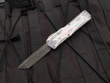 Heretic Knives Custom Colossus Hand Rubbed Stainless Steel Mother of Pearl Inlaid Body w/ Vegas Forge Damascus Tanto Edge Blade (3.5")