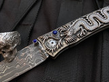 William Henry B30 "Silver Dragon" Folder Hand Carved Sterling Silver Dragon Motif  w/ Lapis Lazuli Inlaid Gemstone and 'Intrepid' Damascus Plain Edge Blade (3.25")