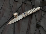 William Henry B30 "Silver Dragon" Folder Hand Carved Sterling Silver Dragon Motif  w/ Lapis Lazuli Inlaid Gemstone and 'Intrepid' Damascus Plain Edge Blade (3.25")