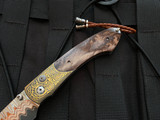 William Henry B12 "Spring" Custom Folder 18K Gold Koftgari Bolster and Redwood Burl Inlaid Body w/ Smoky Quartz Gemstone Inlays and Copper Wave Damascus Plain Edge Blade (3.25")