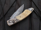 William Henry B12 "Royal Crest" Custom Folder Hand Carved Sterling Silver Body w/ Mammoth Tusk Inlays and 'Wave' Damascus Plain Edge Blade (3.06")