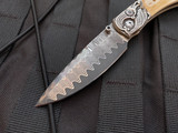 William Henry B12 "Royal Crest" Custom Folder Hand Carved Sterling Silver Body w/ Mammoth Tusk Inlays and 'Wave' Damascus Plain Edge Blade (3.06")