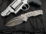 Medford Prae T "Old School" Tumbled Titanium Body w/ Flamed Hardware, Pocket Clip, and S35VN Vulcan Drop Point Plain Edge Blade (3.75")