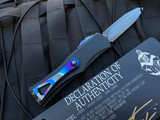 Marfione Custom Hera D/E Black Anodized Alloy w/ Zircuti Pocket Clip/Switch and Spike Grind Hot Blued Vegas Forge Reptillian Damascus Plain Edge Blade (3")