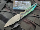 PRE-OWNED Arcane Design Preytheon Folder Titanium Shredded Carbon Fiber Inlaid Green High Voltage Anodized Body w/ 20CV Stonewashed Plain Edge Blade (3.25")