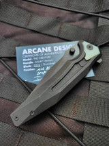 PRE-OWNED Arcane Design Creature Folder Black Titanium Body w/ Jade G10 Pivot Collars and 20CV Black Drop Point Plain Edge Blade (3.75")
