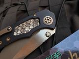 Heretic Knives Custom Pariah Prototype V2 DA Folder Black Aluminum Rattlesnake Inlaid Body w/ Elmax Two Tone Battleworn Bronzed Plain Edge Blade (4")