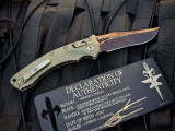Marfione Custom Amphibian Persian Folder Barked Antique Gold Titanium Body w/ Two Tone Bronzed Hardware and Ouroboros Mosaic Broken Anvil Knifeworks Damascus Blade (3.9")