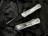 Heretic Knives Custom Manticore X T/E Stainless Steel Mother of Pearl Inlaid Body w/ Blue Damascus Plain Edge Blade (3.7")