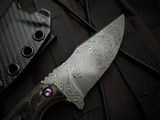 WelMade Brawler Fixed Blade Marbled Carbon Fiber/Orange G10 Handles w/ Purple Titanium Hardware and Chad Nichols Damascus Plain