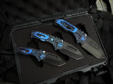 Medford Knives Praetorian Ti Box Set - Brushed Dark Blue "Peaks and Valleys" w/ Blue Hardware and S45VN Black PVD Tanto Edge Black Plain Edge Blade