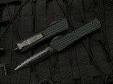Microtech Combat Troodon Delta Shadow D/E Shadow Black Delta Pattern Aluminum Body w/ Carbon Fiber Switch and DLC Fluted Full Serrated Blade (3.8")