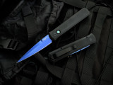Pro-Tech Godfather Auto Folder Black Aluminum Body w/ Abalone Button and Blue Sapphire Plain Edge Blade (4") 921SB