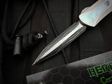 Heretic Knives Custom Manticore S D/E Mother Of Pearl Inlaid Stainless Steel Body w/ Baker Forge Double Shim Damascus Blade (2.