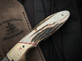 Jason Clark Custom Knives Model 15 Folder Sanbar Stag Antler Scales w/ Mokume Bolster and Vegas Ladder Damascus Plain Edge Blade (3.5"