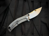 Custom Knife Factory Barm Folder Stonewashed Titanium Body w/ M398 Two Tone Polished/Stonewashed Plain Edge Blade