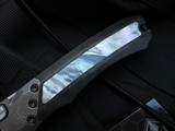 PRE-OWNED Heretic Knives Custom Wraith Auto Mother of Pearl Inlaid Black Dunes Carbon Fiber Body/VF Damascus Body w/ Hand Ground VF Damascus Bowie Blade (3.6")