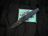 RARE PRE-OWNED Homer Zhu Custom Chen Auto Folder Blue Twill Carbon Fiber Inlaid Black Titanium Body w/ Damascus Plain Edge Blade (2.75") S/N 068