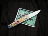 Homer Zhu Custom Chen Auto Folder Ox Bone Inlaid Sculpted Titanium Body w/ 154CM Satin Plain Edge Blade (2.75") #41