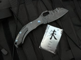 PRE-OWNED Homer Zhu Custom Hero Lockback Folder Black Distressed Titanium Body and Blue Titanium Hardware w/ VG-10 Sculpted Distressed Black Plain Edge Blade (3.58") #091