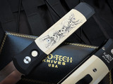 Pro-Tech Godfather Auto Folder Skull Scrimshaw Engraved Ivory Micarta Inlaid Black Aluminum Body w/ 154-CM Satin Plain Edge Blade (4") 930KARST