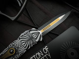 Microtech Hera D/E Source Black Aluminum Body w/ White and Gold Accents/Artwork and Plain Edge Blade (3.1") S/N 013
