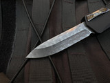 PRE-OWNED Heretic Knives Cleric I S/E Black Aluminum Body and Marbled Carbon Fiber Backside w/ Flamed Switch and Vegas Forge Damascus Blade H014-DAM-CF