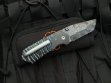 PRE-OWNED KC Gray Custom Folder Blued Mammoth Tooth Inlaid Titanium Body w/ Core Damascus Plain Edge Tanto Blade (3.6")