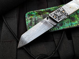 J. McClure Custom Folder Hand Engraved SS and Mother of Pearl Body w/ Damascus Plain Edge Blade (3")