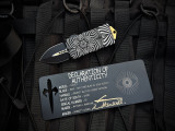 Microtech Exocet Source D/E Black/Gold/White Engraved Aluminum Body w/ Black Plain Edge Blade (1.9") S/N 011