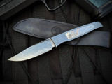 William Henry F35 Lagoon Fixed Blade Polished Damascus Body and Blade w/ Mother of Pearl Inlays