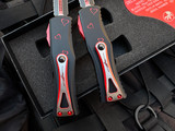 PRE-OWNED Microtech Hera D/E Signature Series “Twin Flames” Set of Two Knives Black Aluminum Body  w/ Red Accents and Full Serrated Blade (3.08”)
