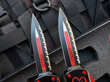 PRE-OWNED Microtech Hera D/E Signature Series “Twin Flames” Set of Two Knives Black Aluminum Body  w/ Red Accents and Full Serrated Blade (3.08”)