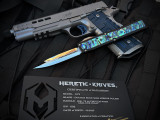 Heretic Knives Custom Nyx D/E Black Abalone Inlaid Black Aluminum Body w/ M390 Mirror Polished Blade (3.75")