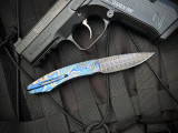 William Henry B12 Baja Folder Laser Engraved Titanium Body w/ WH Wave Damascus Spearpoint Blade (3") S/N 12/25