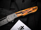Jason Clark Custom Knives Model 47 Folder Titanium Body/Amber Jigged Bone Scales and Chad Nichols Damascus Bolster w/ Chad Nichols Raindrop Damascus Wharncliffe Blade