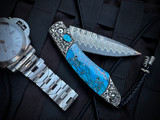 William Henry B12 'Jerome' Folder Turquoise Zinc Matrix Inlaid Hand Carved Sterling Silver Body w/ Wave Damascus Spearpoint Plain Edge Blade (3")
