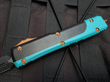 CONSIGNMENT Microtech Ultratech D/E ICCE Show Exclusive Edition Turquoise/Black Body and Dark Orange Hardware w/ Elmax black Plain Edge Blade (3.2") 122-1 ICCE