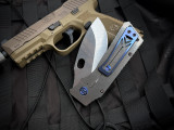 Medford TFF-1 Folder Tumbled Billowing Flag Titanium Body and Blue Hardware w/ S45VN Tumbled Plain Edge Blade (4")