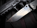 CONSIGNMENT Spartan Harsey Folder Full Size Stonewashed Plain Titanium Body w/ CPM Magnacut Stonewashed Plain Edge Blade (4")