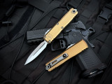 Microtech UTX-85 D/E Gen IV Tan Aluminum Body w/ M390MK Stonewashed Plain Edge Blade (3.1") 12324-10TA