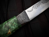 Dew Hara Suigetsu Custom Fixed Blade Stabilized Burl Wood Handle and Copper/Kurozome bolster w/ Tamahagane Hamon Hand Carved Dragon Motif