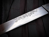 Dew Hara Suigetsu Custom Fixed Blade Stabilized Burl Wood Handle and Copper/Kurozome bolster w/ Tamahagane Hamon Hand Carved Dragon Motif
