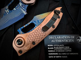 Marfione Select Stitch Auto Folder Stonewashed Copper Body and DLC Hard Cut Hardware w/ Blued Bakerforge Coppermai Damascus Plain Edge Blade (3.75") 169-16MS2