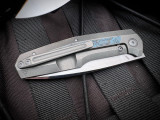 CKF FIF18 Front Flipper Blue Marbled Carbon Fiber Inlaid Stonewashed Titanium Body w/ M398 Hand Rubbed Satin and Polished Top Swedge Plain Edge Blade (3.07")
