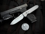 PRE-OWNED Pro-Tech PDW Invictus Auto Folder Facebook Exclusive Grey Aluminum Body and Carbon Fiber Push Button w/ Magancut Stonewashed Plain Edge Blade (3.5")