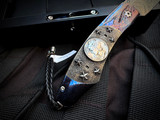 William Henry B12 Messenger Folder Authentic Mercury Dime Inlaid Blued "River Rock" Damascus and Hand Carved Sterling Silver Body w/ Chad Nichols "Boomerang" Damascus Plain Edge Blade (3.25")