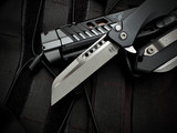 Heretic Knives Jinn Button Lock Flipper Black Aluminum body w/ Magnacut Battleworn Plain Edge Blade (3") H213-5A